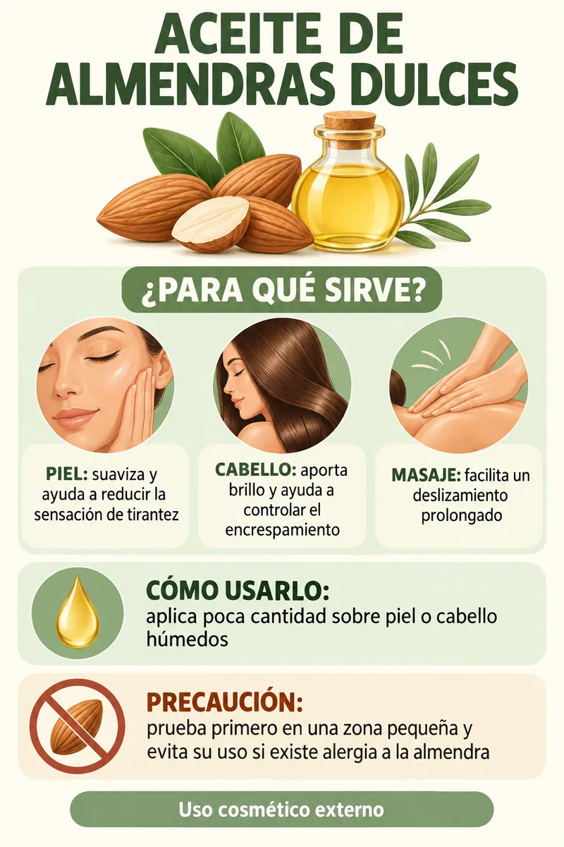 Infografía sobre usos y precauciones del aceite de almendras dulces