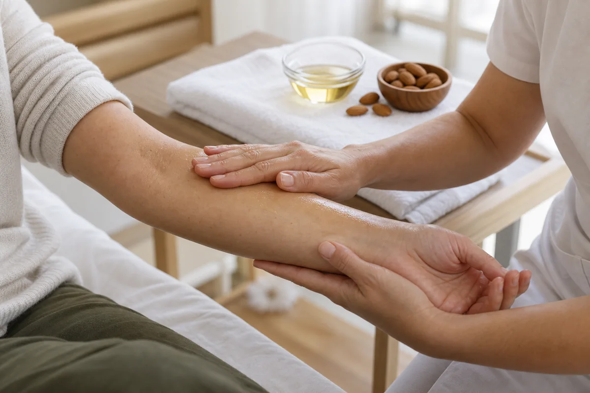 Aplicación profesional de aceite de almendras sobre el antebrazo