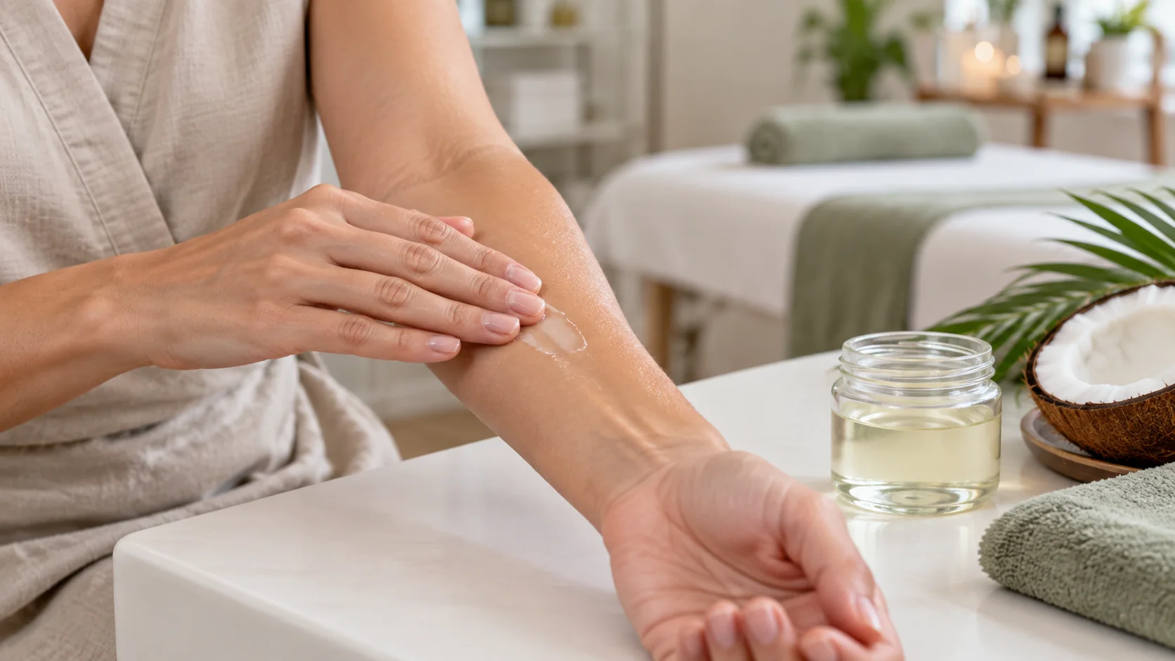 Aplicación cosmética de aceite de coco sobre la piel