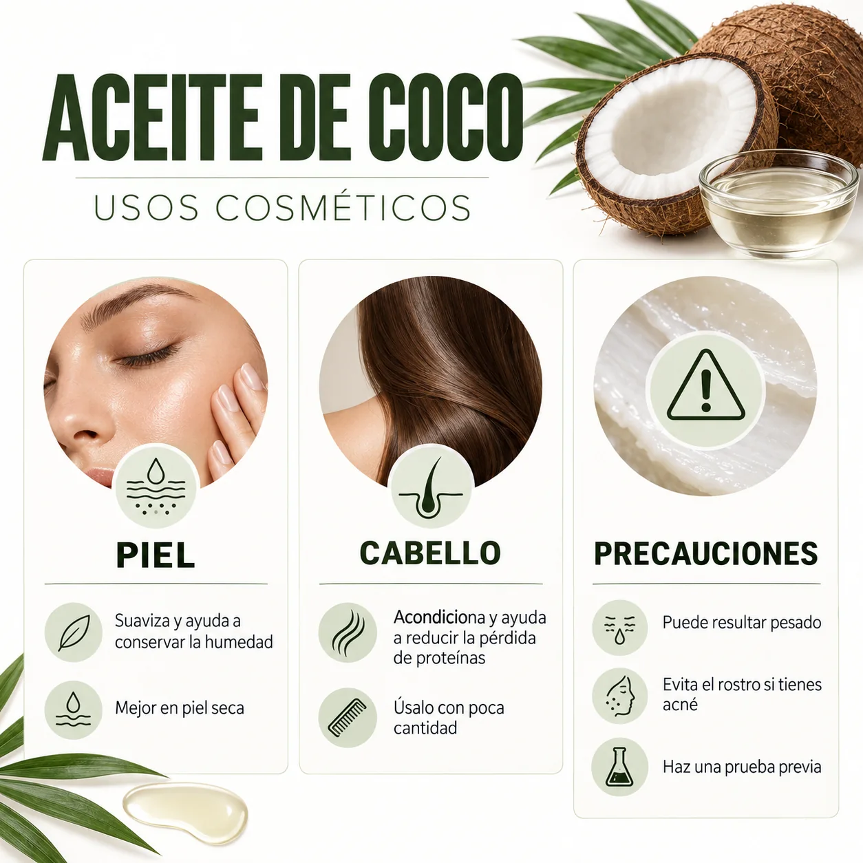 Infografía de usos cosméticos y precauciones del aceite de coco