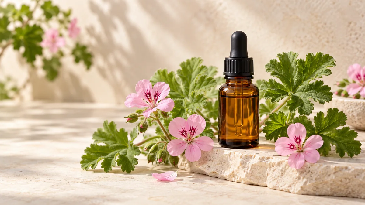 Aceite esencial de geranio con hojas y flores de geranio rosado