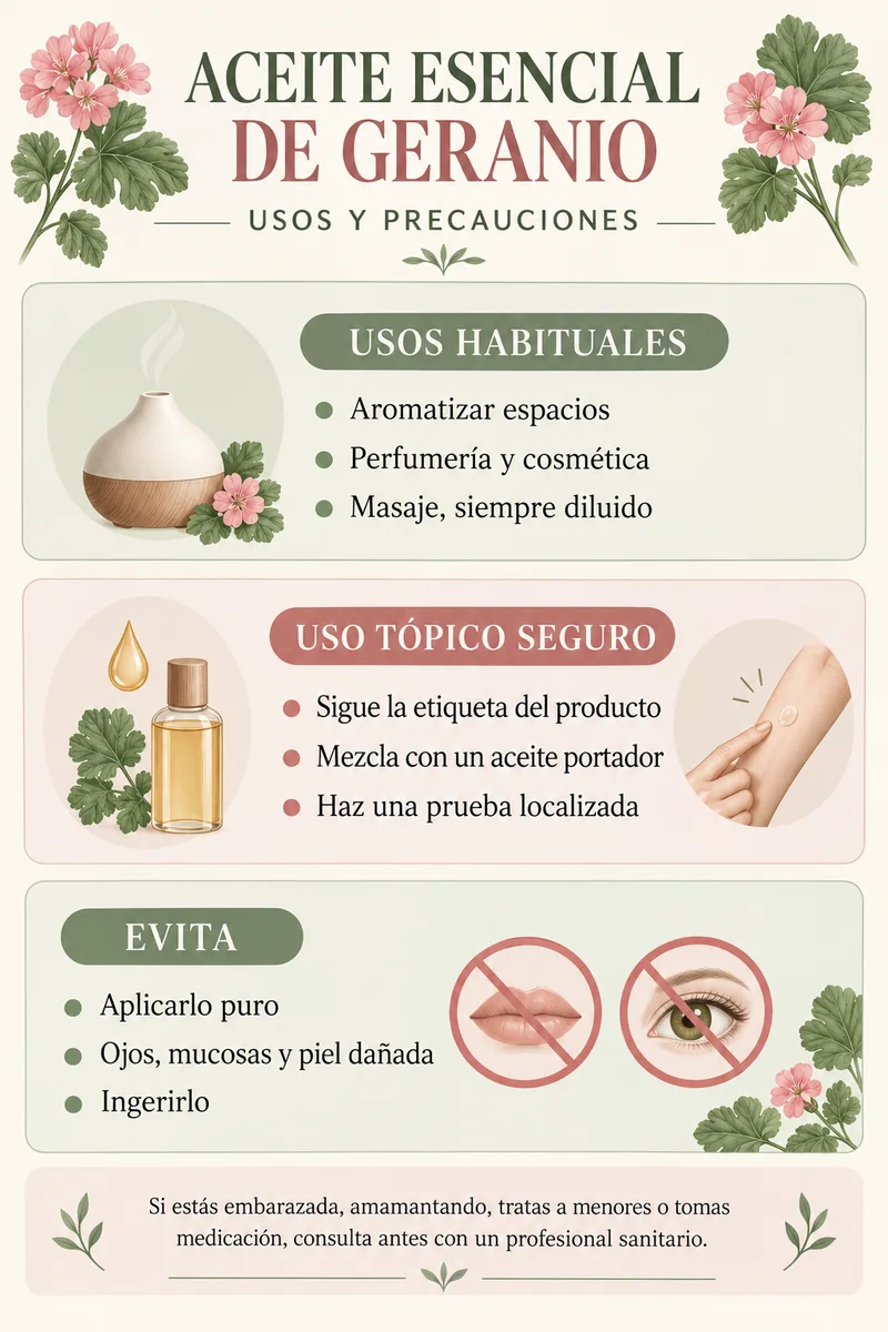 Infografía de usos y precauciones del aceite esencial de geranio