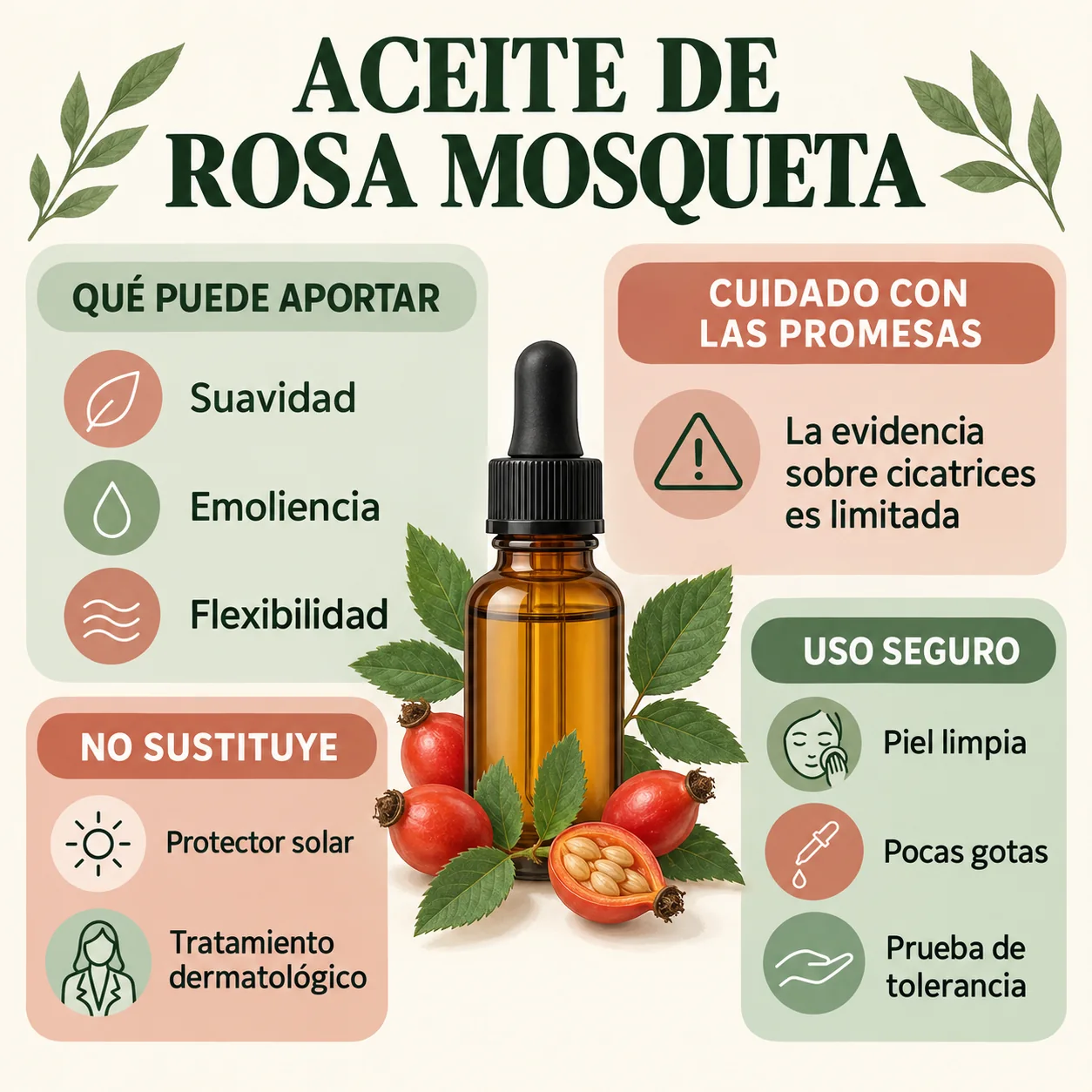 Infografía sobre beneficios realistas, límites y uso seguro del aceite de rosa mosqueta