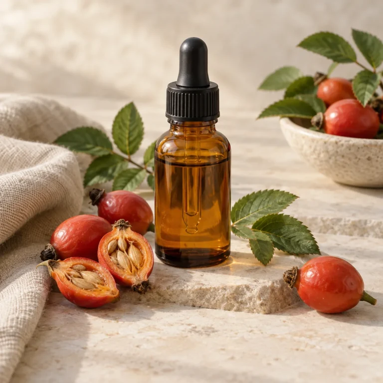 Aceite de rosa mosqueta en frasco ámbar junto a escaramujos y semillas