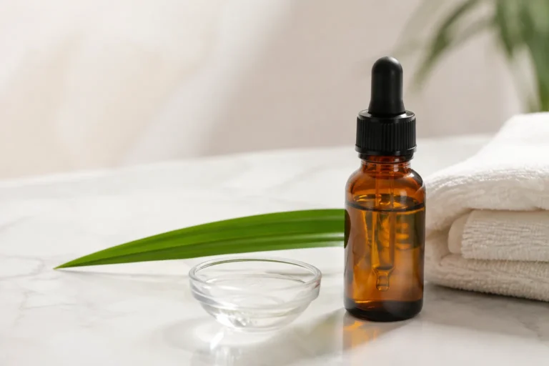 Frasco cuentagotas de sérum con ácido glicólico sobre una superficie de tratamiento facial