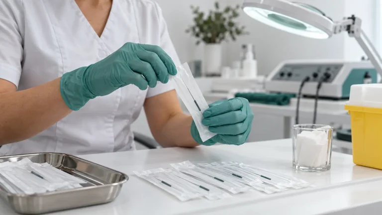 Profesional abriendo una aguja estéril para depilación eléctrica