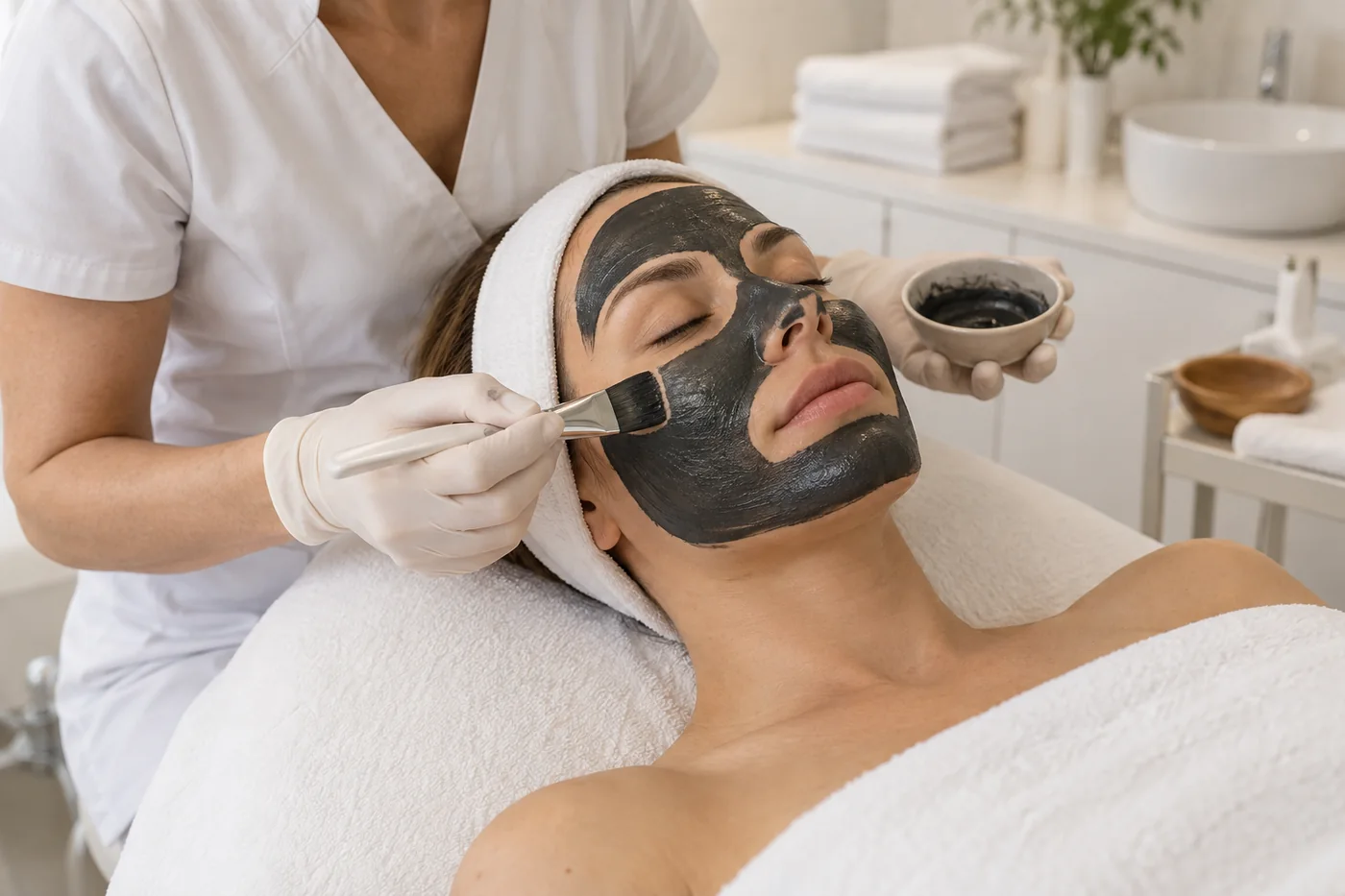 Profesional aplicando una mascarilla de carbón activo facial con pincel en una cabina estética