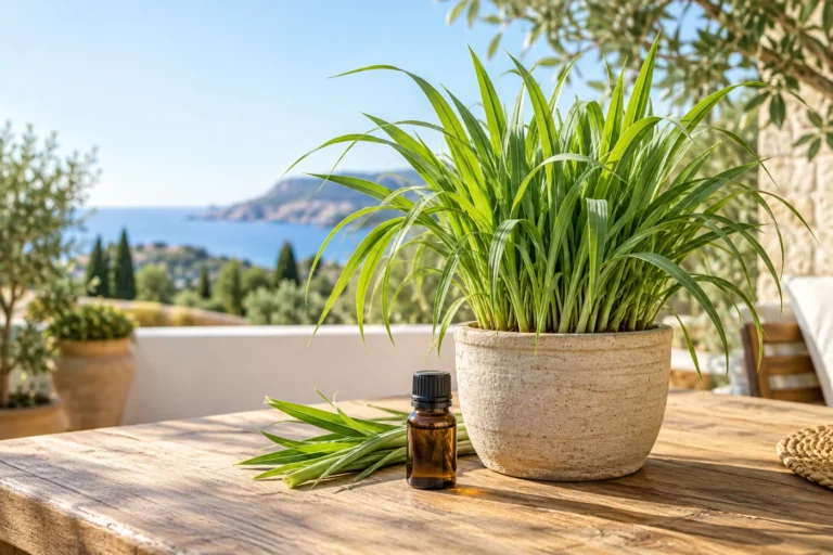 Planta de citronela y frasco de aceite esencial sobre una mesa
