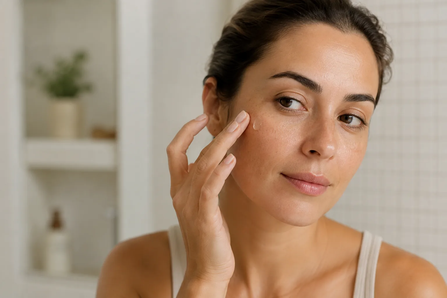 Mujer aplicando una pequeña cantidad de sérum facial sobre la mejilla