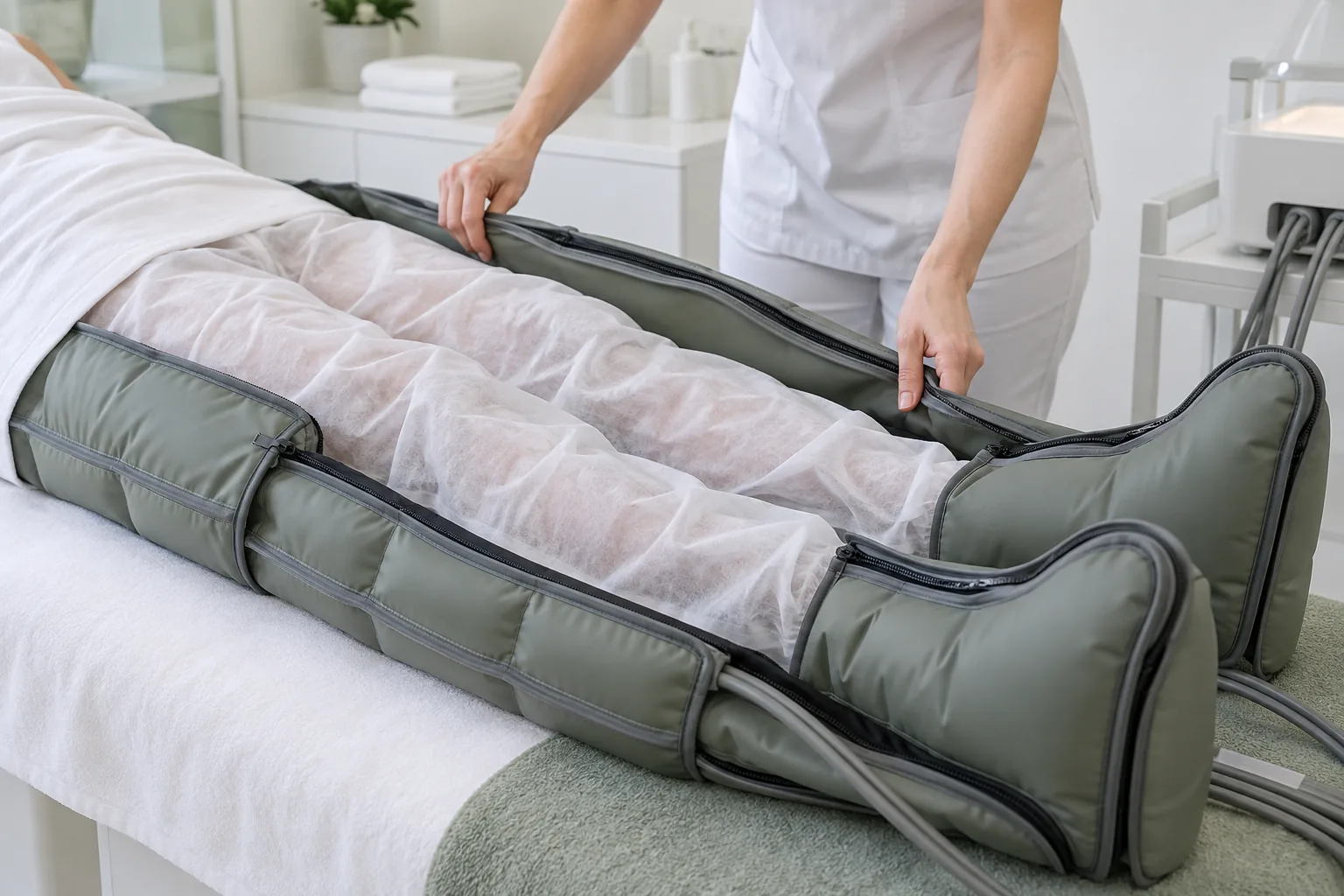 Profesional colocando el equipo de presoterapia sobre un pantalón desechable blanco