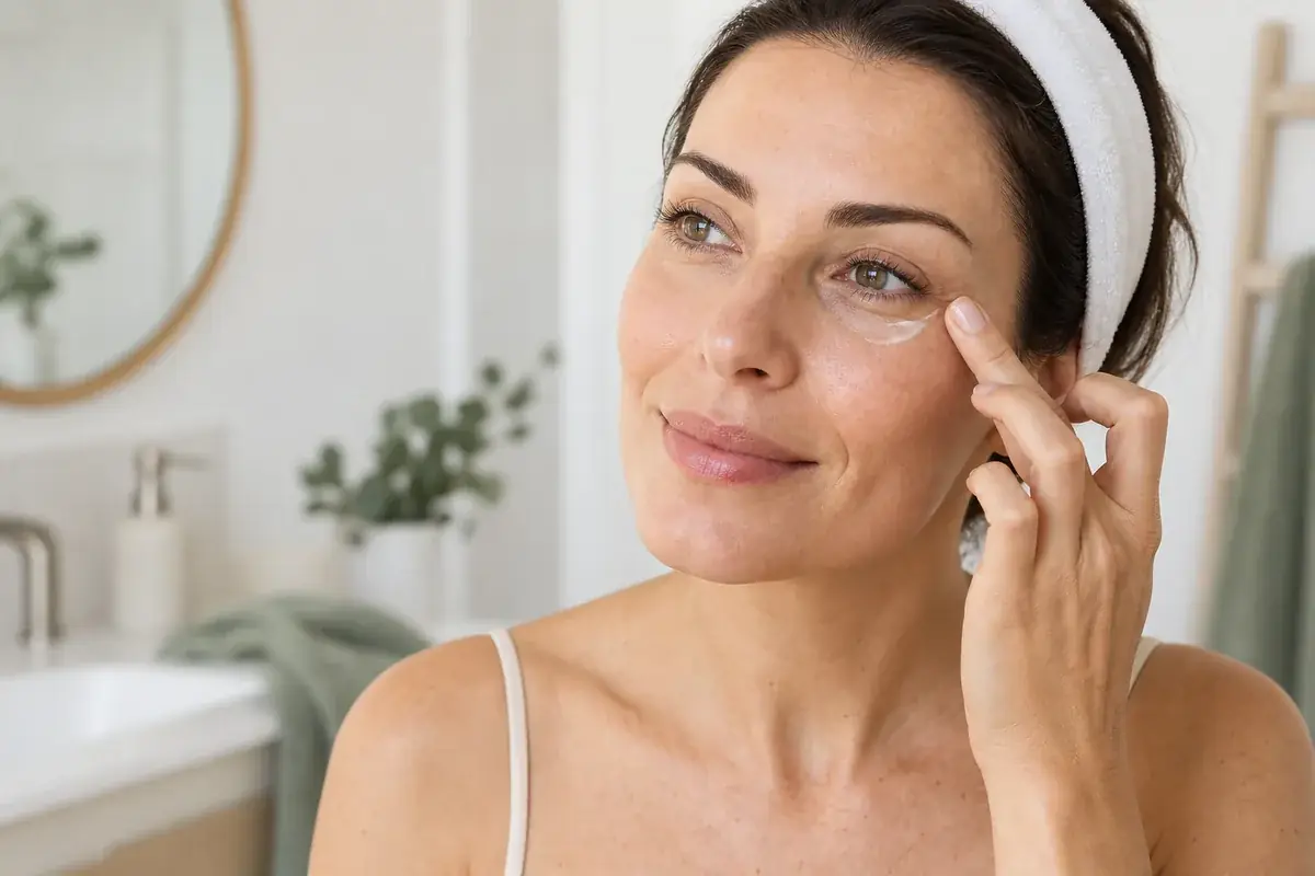 Mujer aplicando crema en el contorno de ojos con suaves toques
