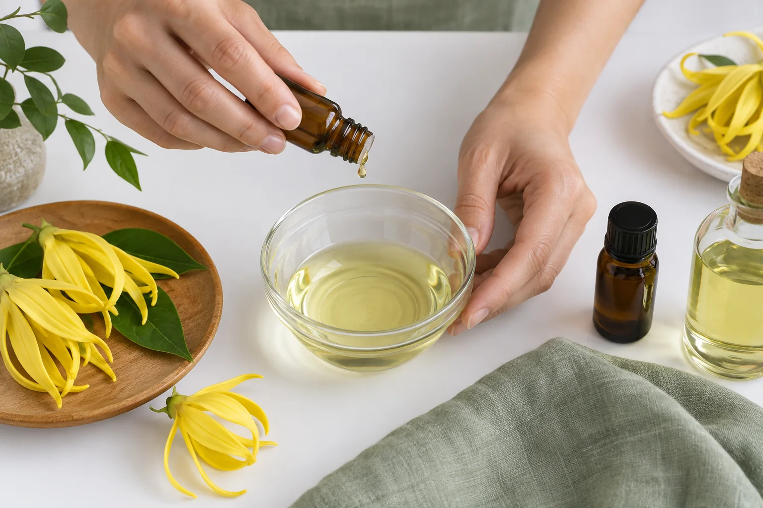 Preparación de una mezcla diluida con aceite esencial de ylang ylang y aceite portador