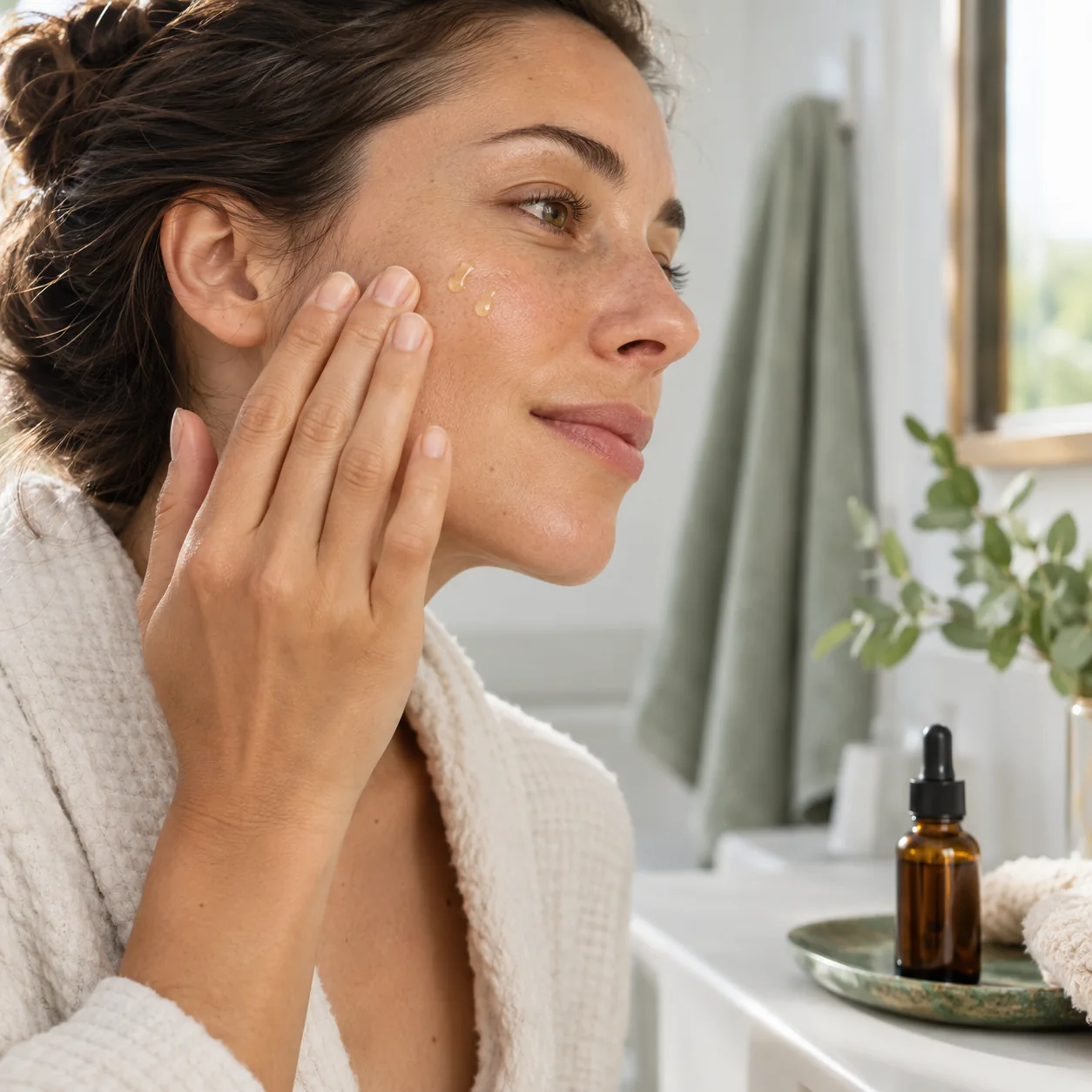 Mujer aplicando pocas gotas de aceite facial sobre la piel limpia