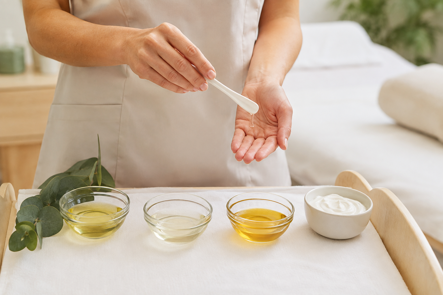 Profesional comparando diferentes texturas de aceites y crema de masaje