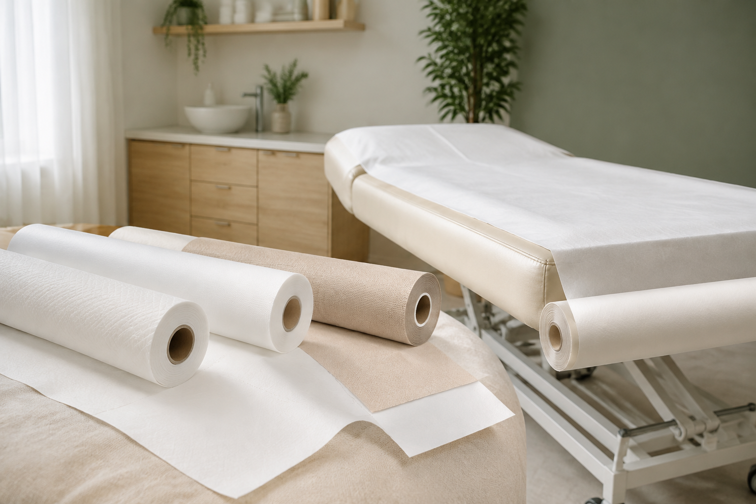 Rollos de papel para camilla profesional de diferentes materiales junto a una camilla