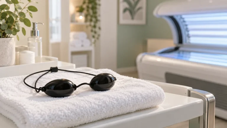Gafas para rayos UVA sobre una toalla junto a una cabina de bronceado