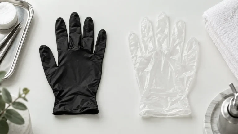 Guantes de nitrilo y vinilo comparados sobre una mesa profesional