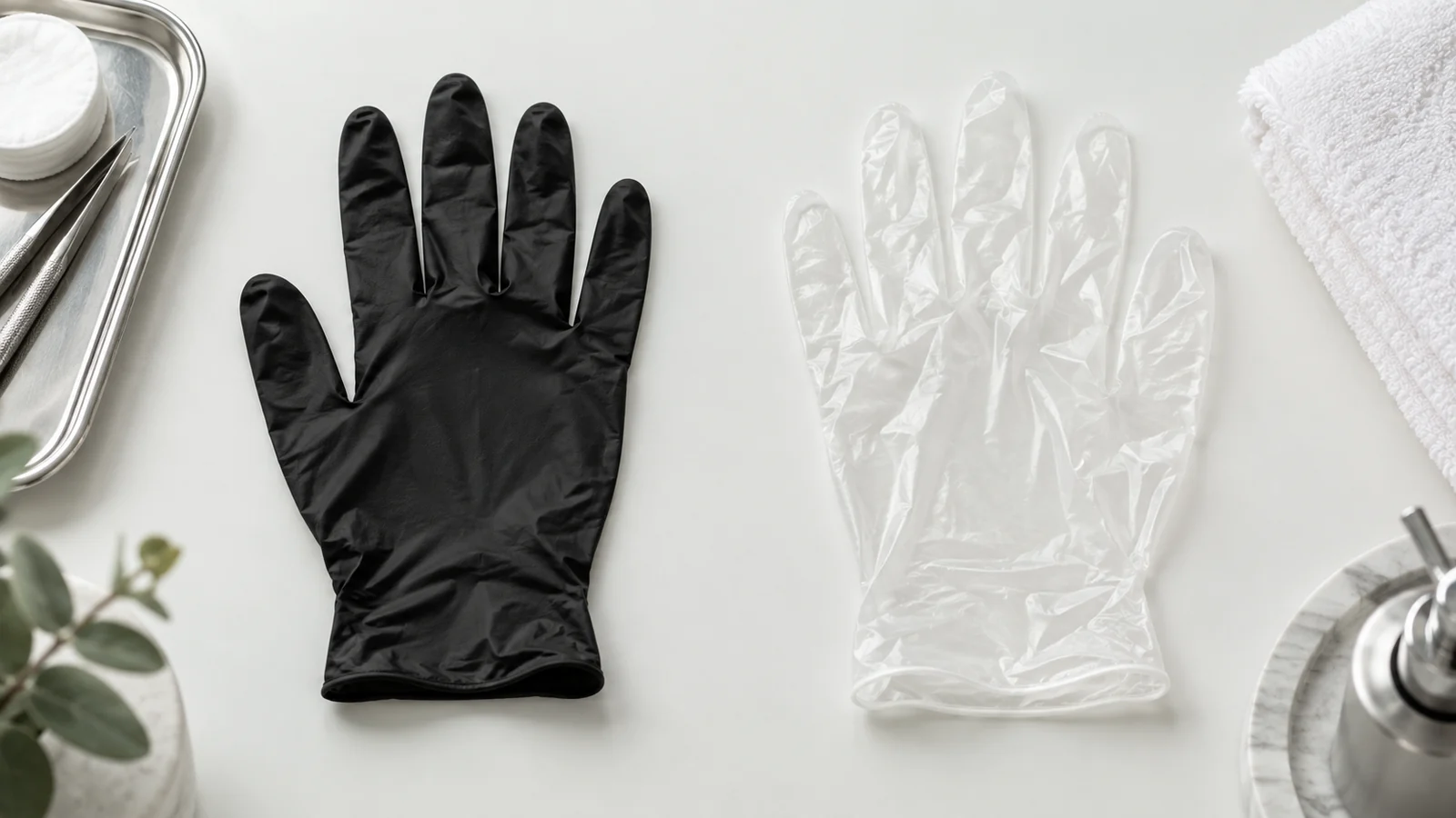 Guantes de nitrilo y vinilo comparados sobre una mesa profesional