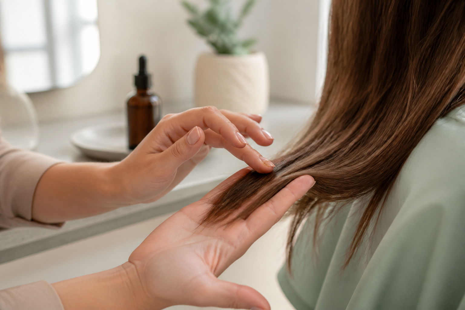 Aplicación de una pequeña cantidad de aceite de ricino en las puntas del cabello
