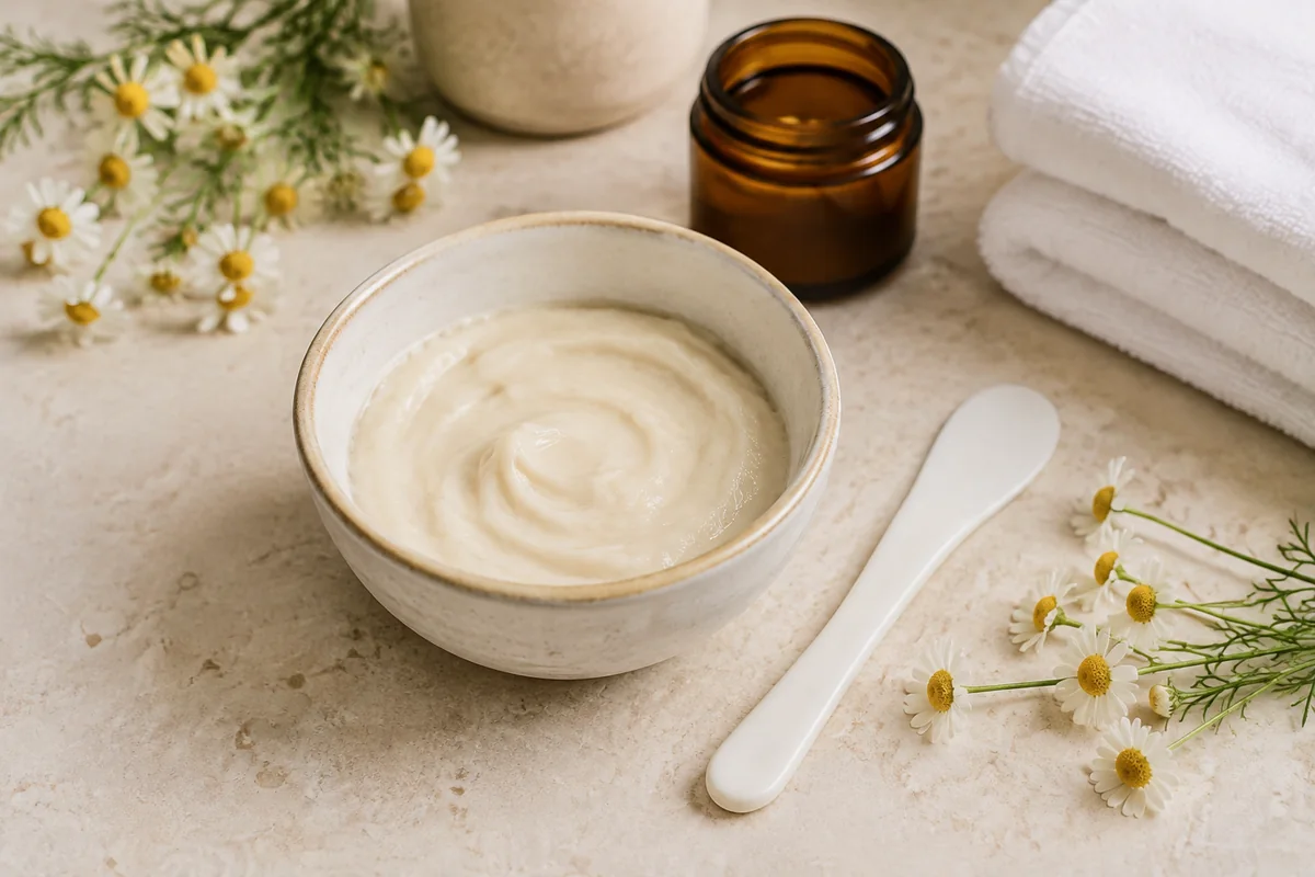 Mascarilla cosmética de camomila preparada para un tratamiento facial profesional
