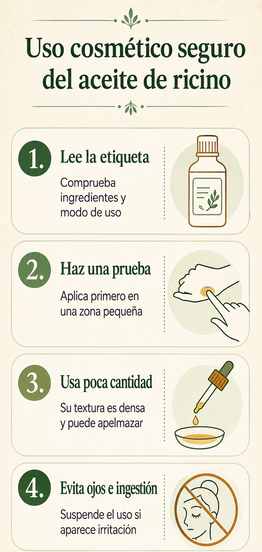 Infografía sobre el uso cosmético seguro del aceite de ricino