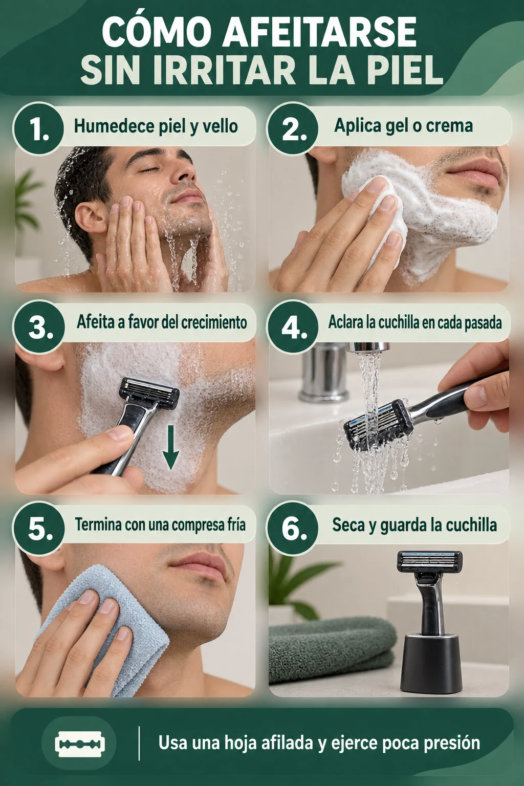 Infografía con seis pasos para afeitarse con cuchilla sin irritar la piel