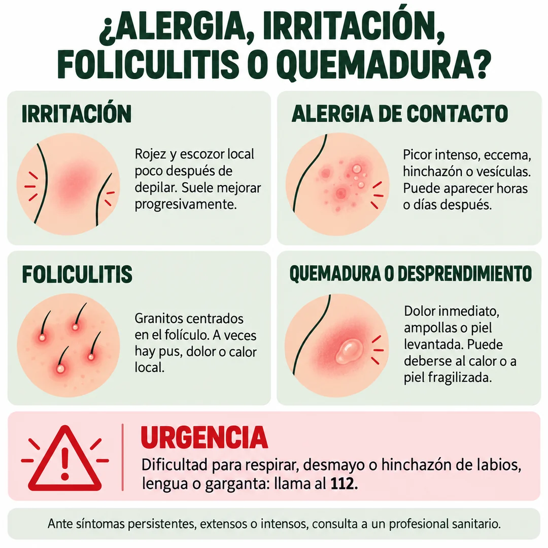 Infografía para distinguir alergia, irritación, foliculitis y quemadura después de la depilación con cera