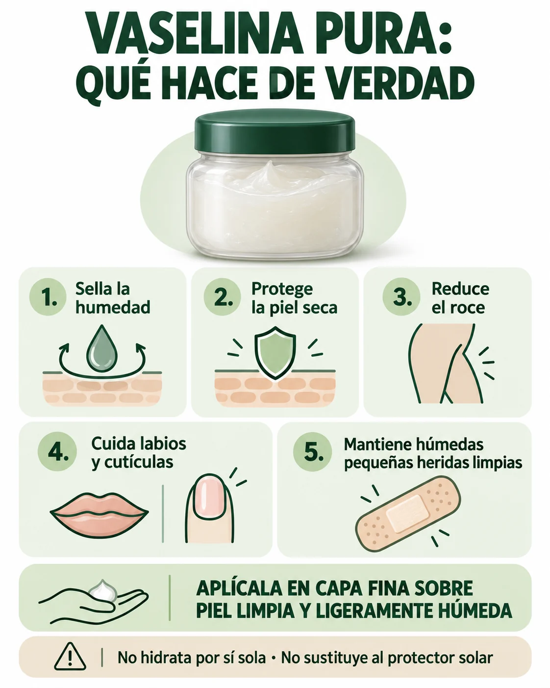 Infografía sobre los beneficios reales y el uso correcto de la vaselina pura