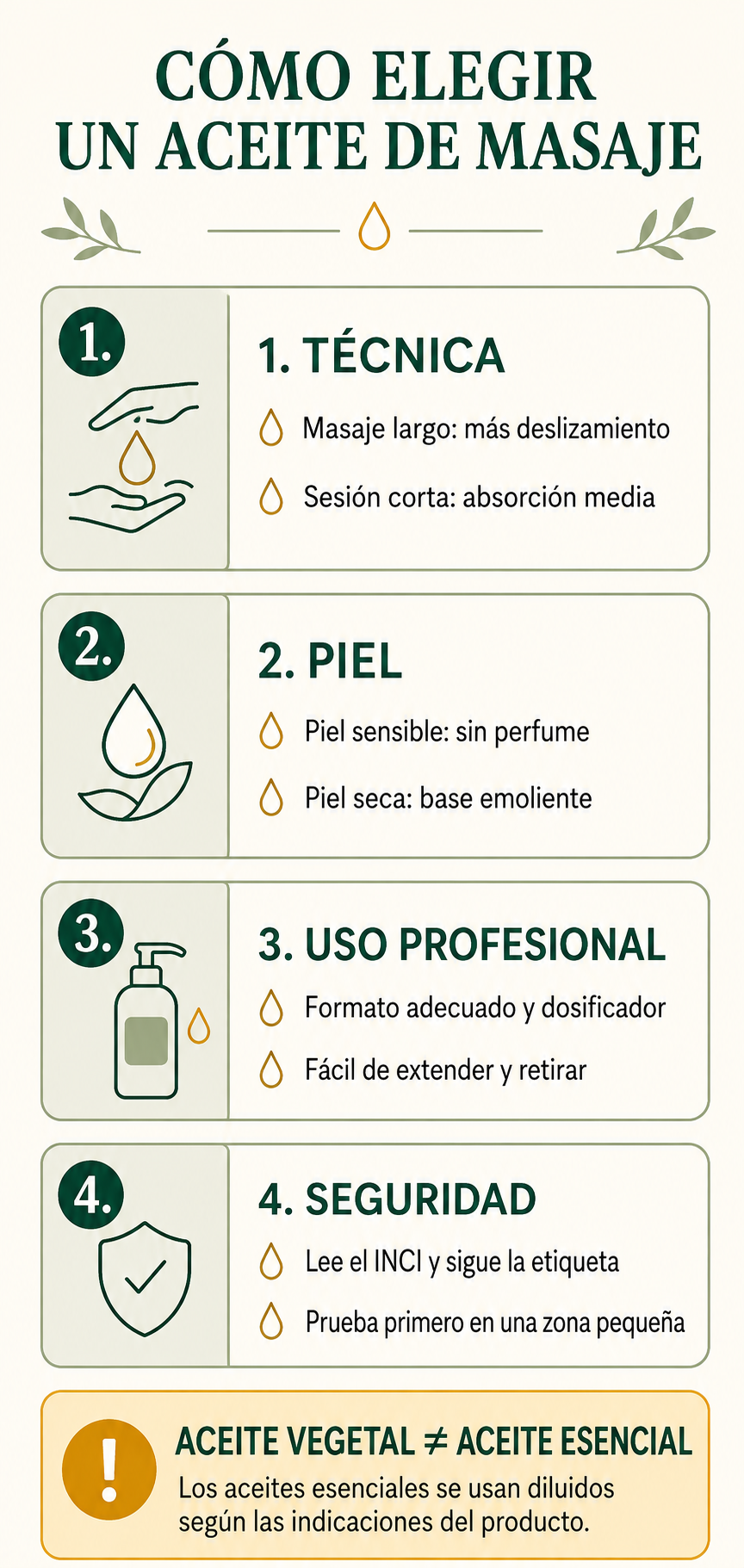 Infografía para elegir un aceite de masaje según técnica, piel, uso profesional y seguridad