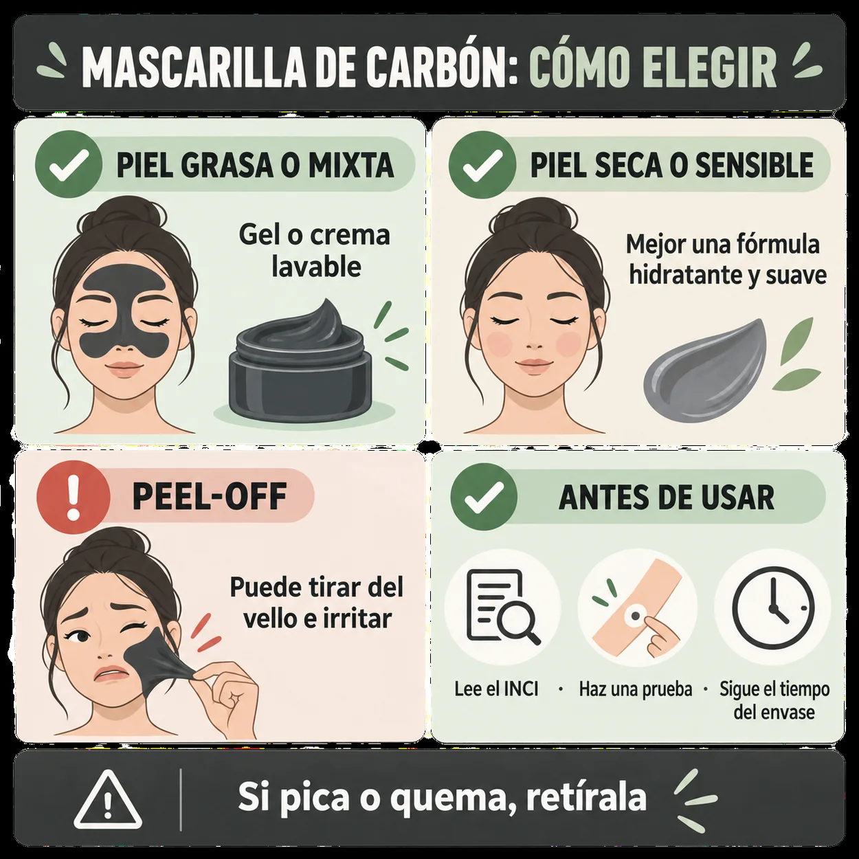Infografía para elegir una mascarilla de carbón activo según el tipo de piel y usarla con seguridad