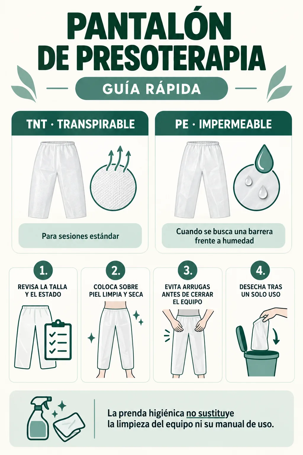 Infografía para elegir y usar un pantalón de presoterapia desechable