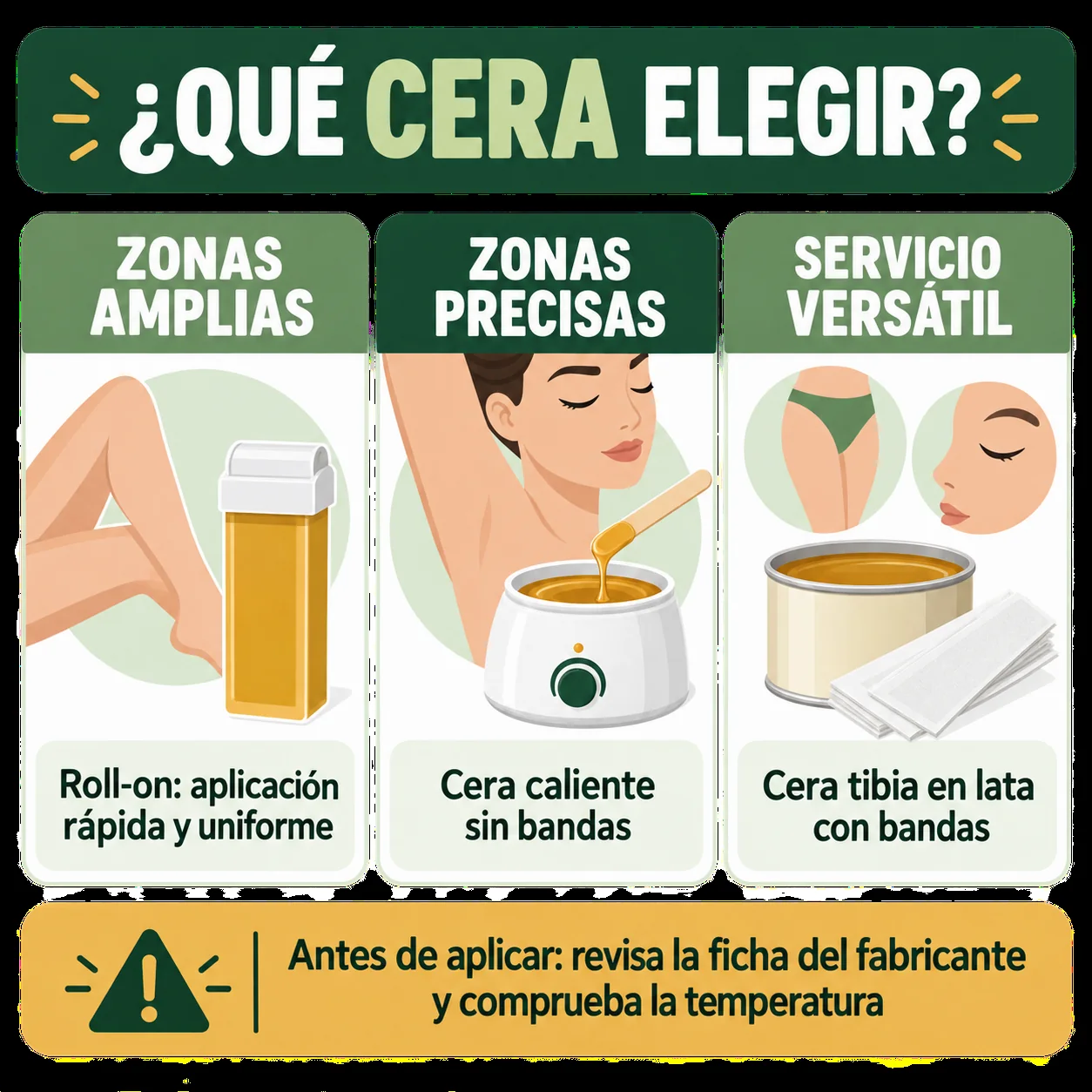 Infografía para elegir cera roll-on, sólida o tibia según la zona