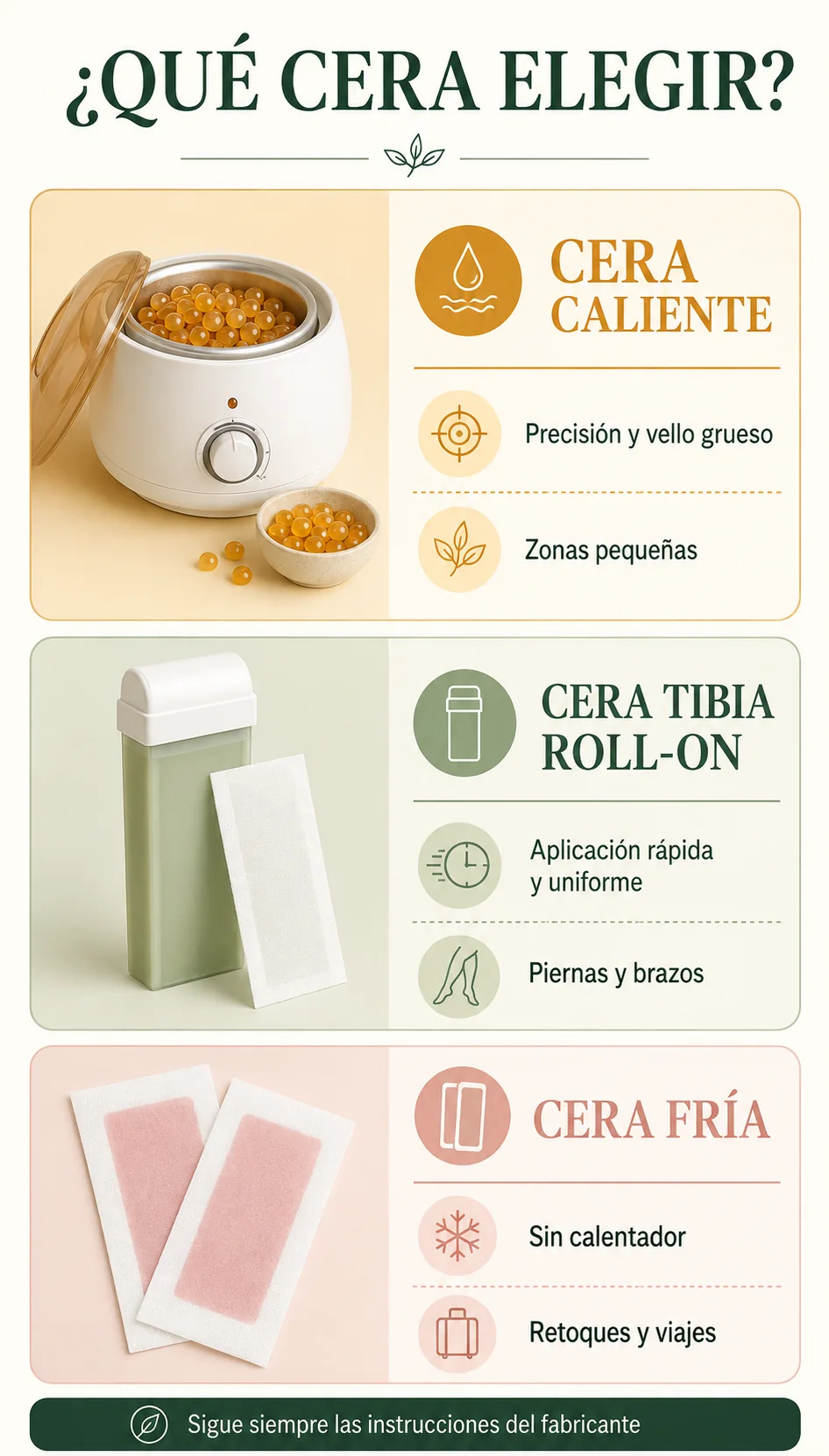 Infografía comparativa para elegir entre cera caliente, tibia roll-on y fría