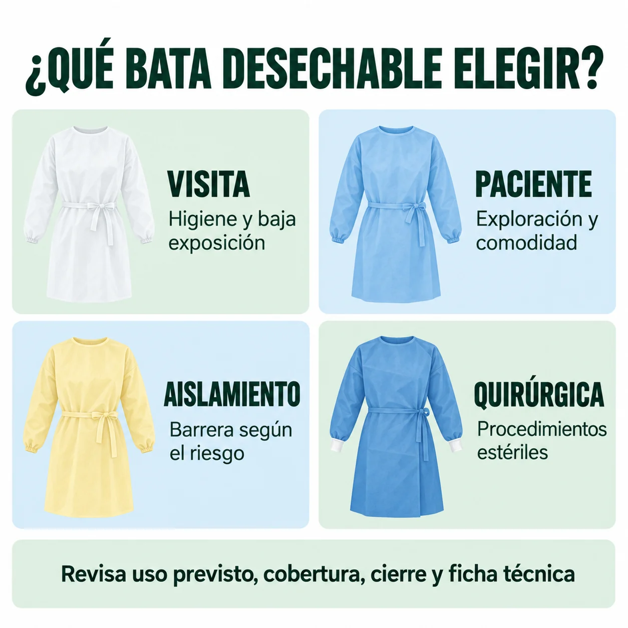 Infografía para elegir entre bata de visita, paciente, aislamiento o quirúrgica