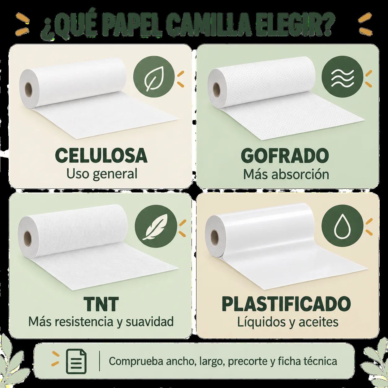 Infografía de tipos de papel camilla: celulosa, gofrado, TNT y plastificado