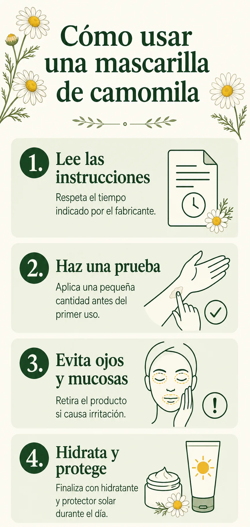 Infografía con cuatro pasos para usar una mascarilla de camomila con seguridad