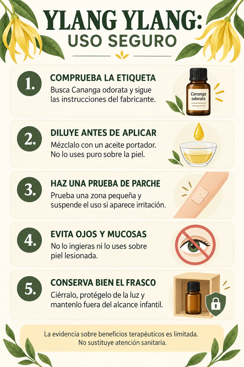 Infografía sobre el uso seguro del aceite esencial de ylang ylang