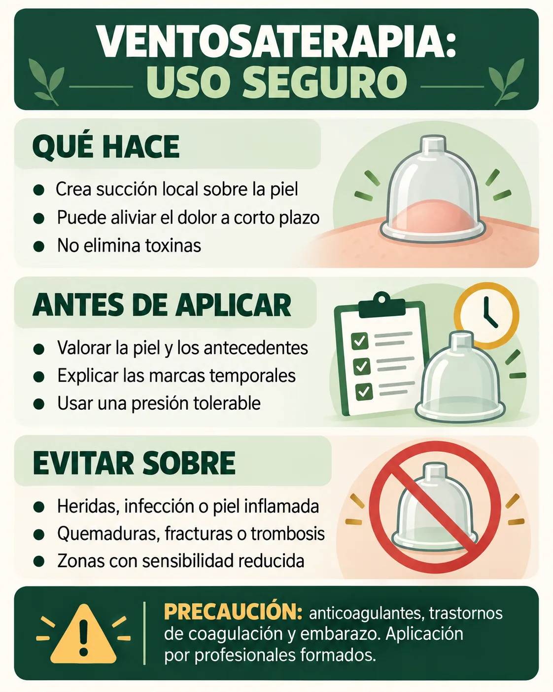 Infografía sobre el uso seguro y las contraindicaciones de la ventosaterapia