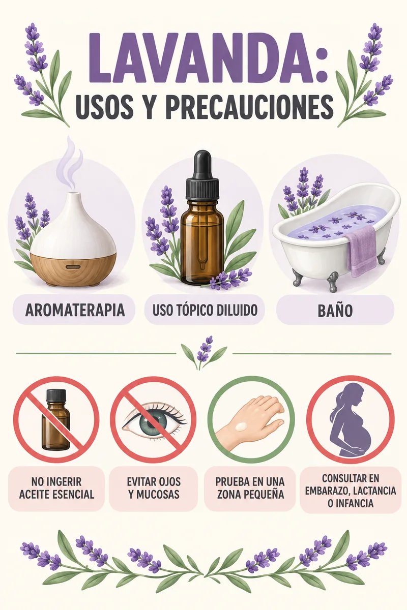 Infografía sobre usos y precauciones de la lavanda