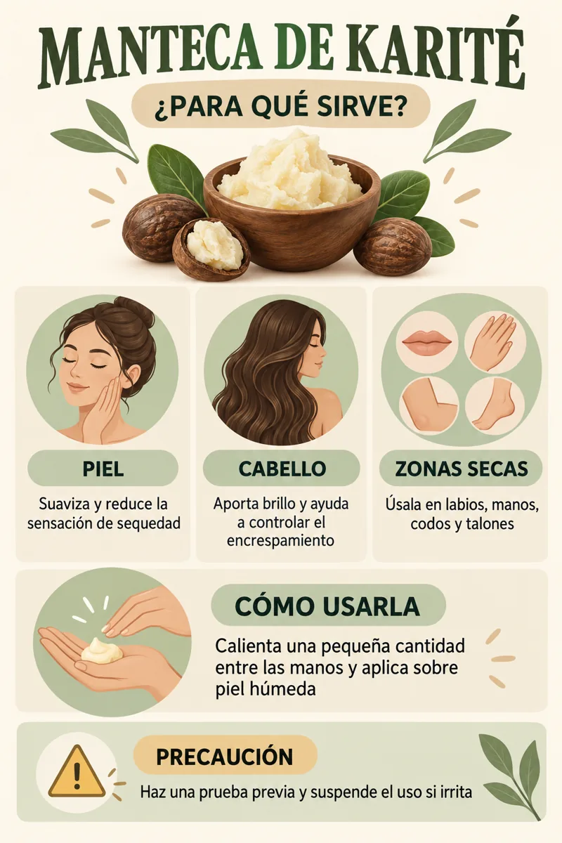Infografía sobre usos y aplicación de la manteca de karité