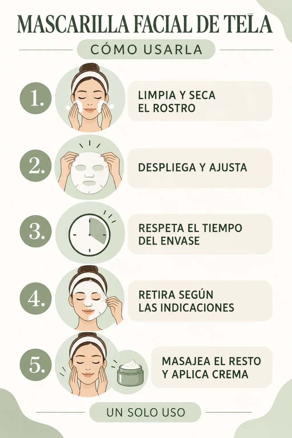 Infografía con cinco pasos para usar una mascarilla facial de tela