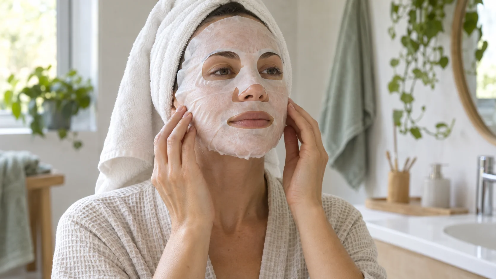 Mujer aplicando una mascarilla facial de tela en el rostro