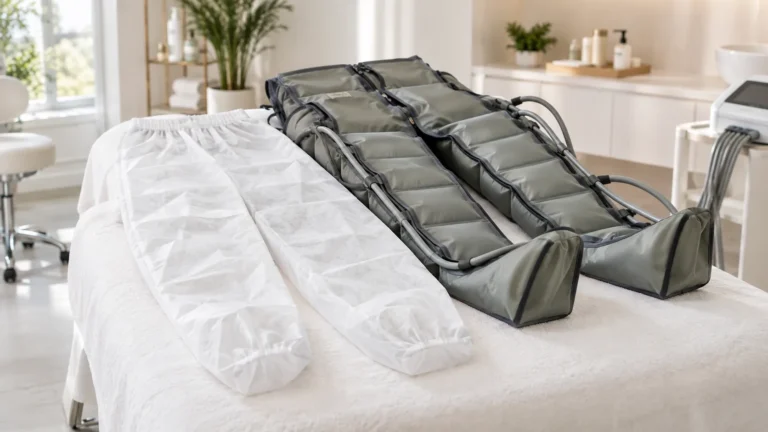 Pantalón desechable blanco junto a un equipo profesional de presoterapia