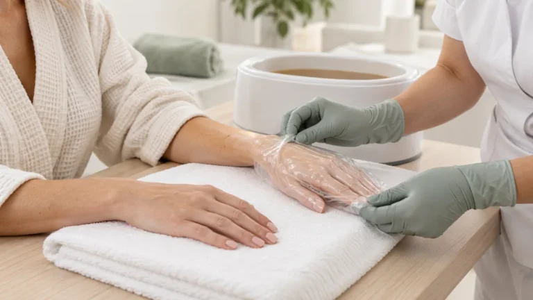 Tratamiento profesional de parafina para manos en una cabina de estética