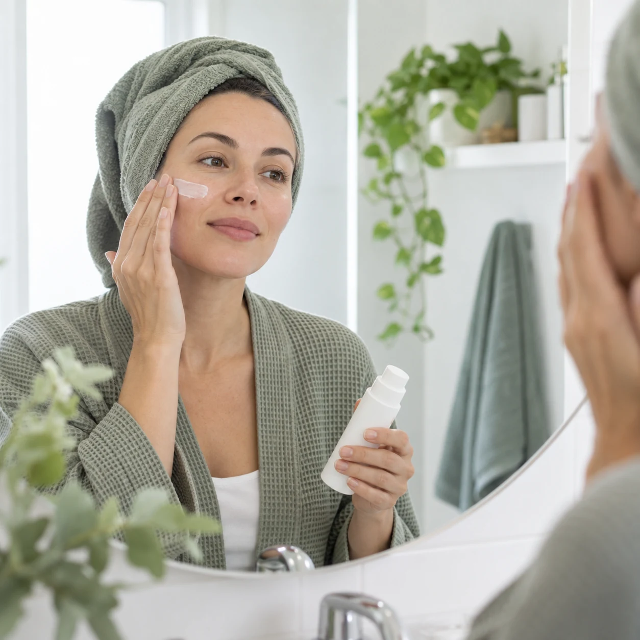 Mujer aplicando protector solar como cuidado después de un peeling facial
