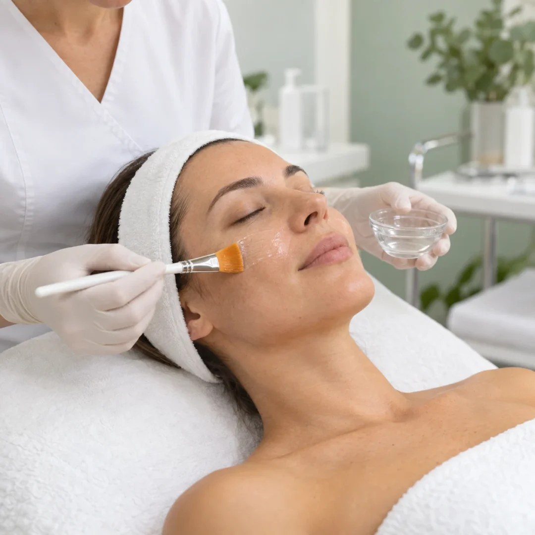 Profesional aplicando un peeling facial superficial en una cabina estética