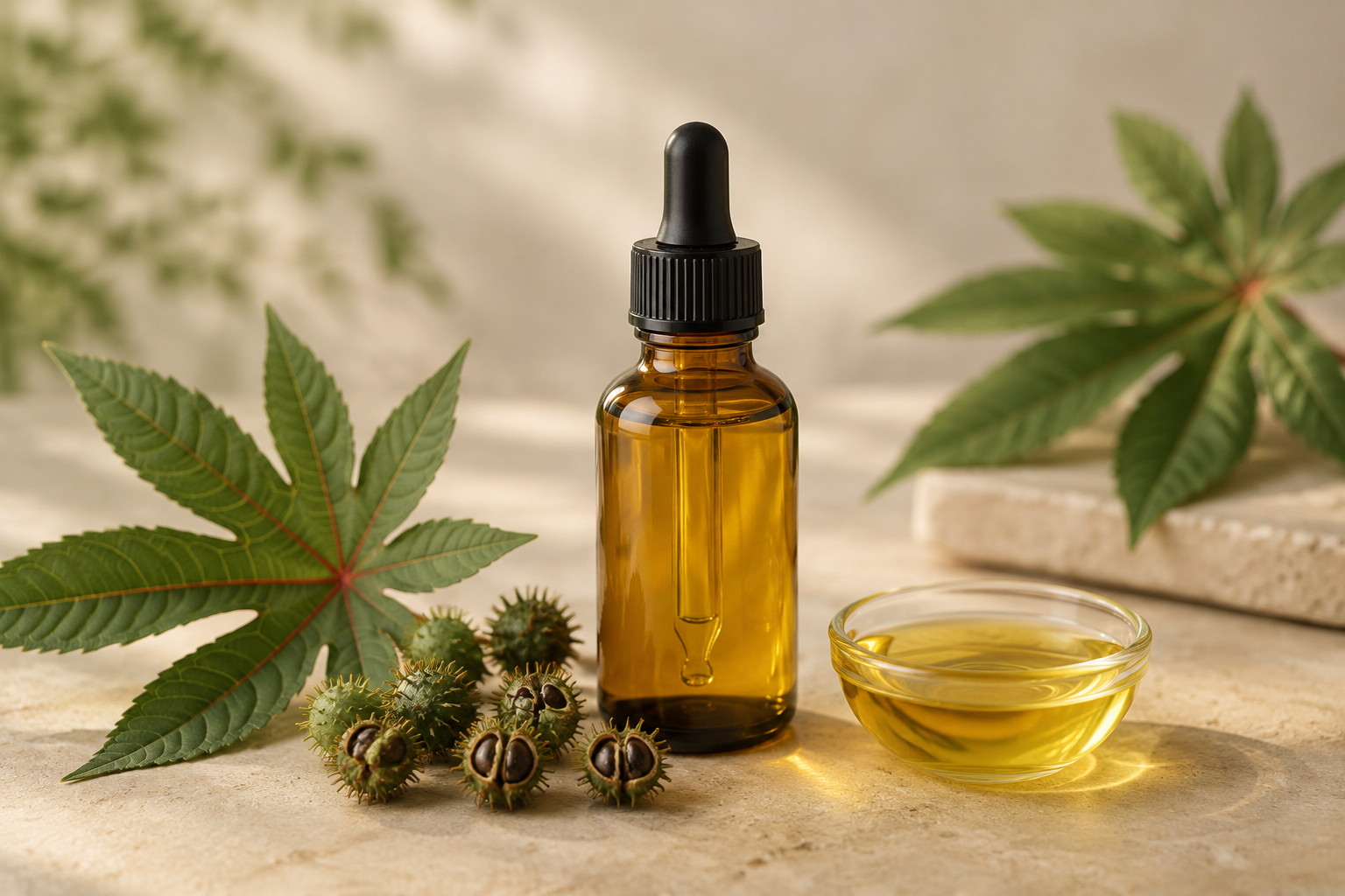 Aceite de ricino puro en botella ámbar con hojas de Ricinus communis