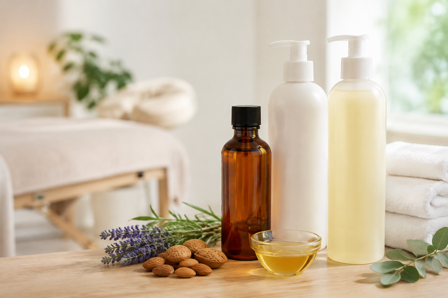 Aceites para masajes profesionales en una cabina de estética