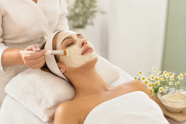 Aplicación profesional de una mascarilla de camomila sobre el rostro