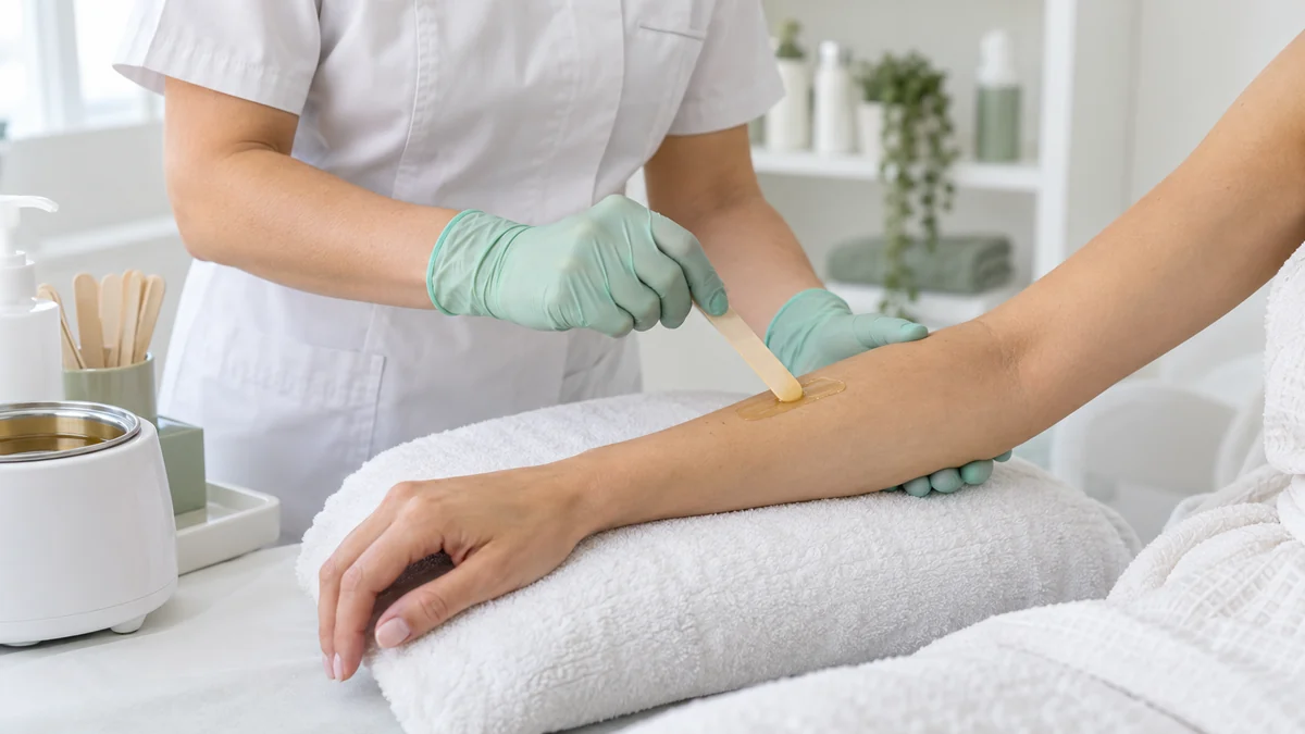Profesional realizando una pequeña prueba previa con cera depilatoria sobre el antebrazo